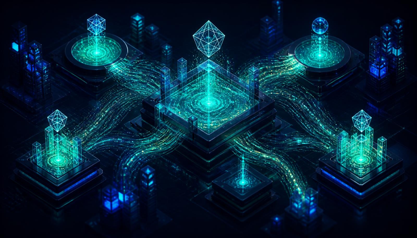 Abstract visualisation of Alpha Homora V2 leveraged yield farming liquidity pools and capital flows